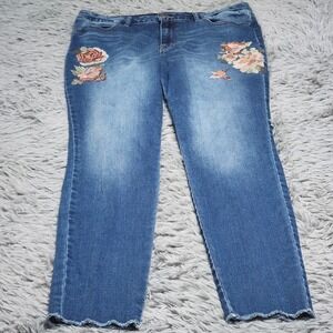 ANA Floral Embroidered Jegging Womens 16 Blue Denim Stretch Raw Hem 29" Inseam